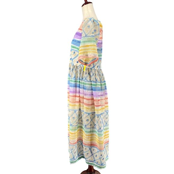 Vtg 80s 90s Two Potato Artsy A Line Midi Dress M Petite Sheer NOS Coastal Pastel - Picture 4 of 16